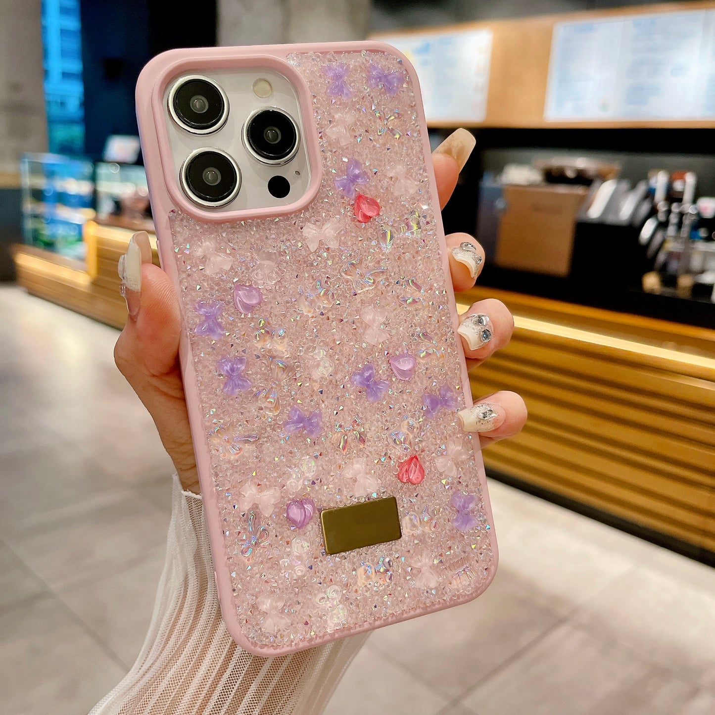 Full Little Bling Rhinestone with Cute Ribbon Lace Accesories Phone Case