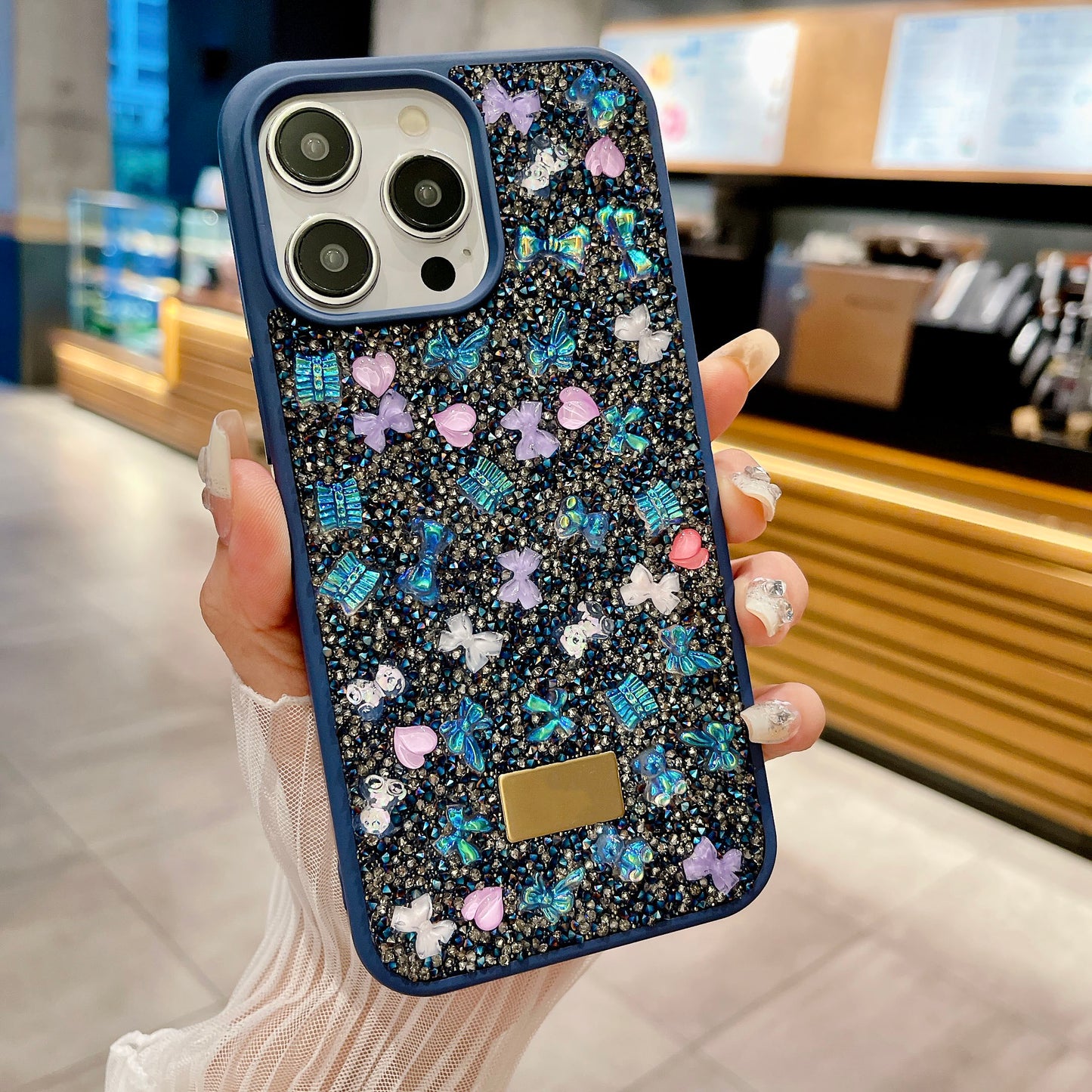 Full Little Bling Rhinestone with Cute Ribbon Lace Accesories Phone Case