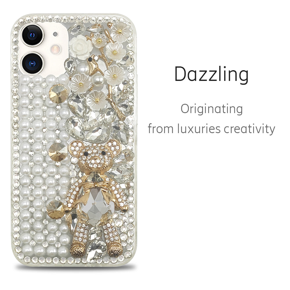 White pearl rhinestone bear phone case