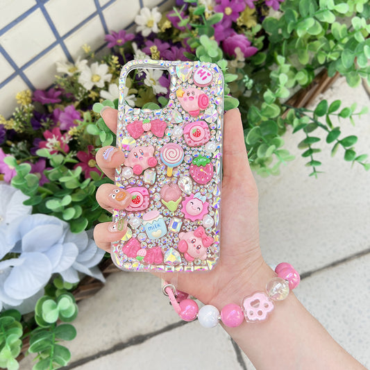 Cute Pink bling rhinestone phonecase For kirby with Chain