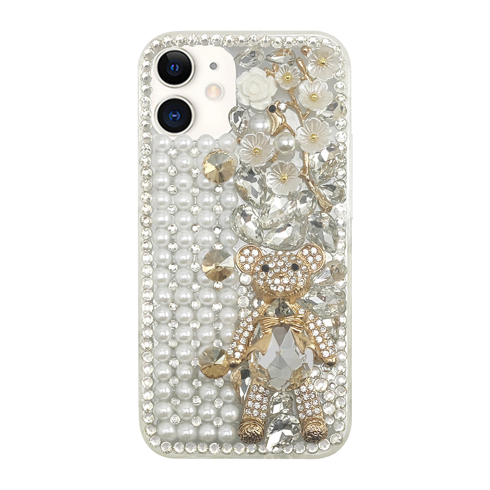 White pearl rhinestone bear phone case