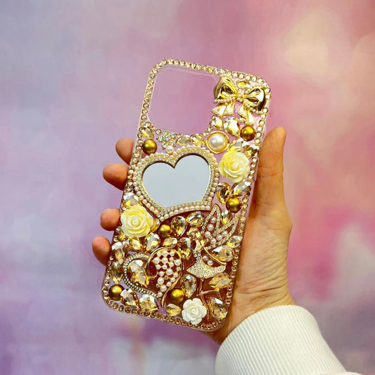 Golden Fairy with Crown Mirror Light Luxurious Style Bling Rhinestone Phone Case- with Chain