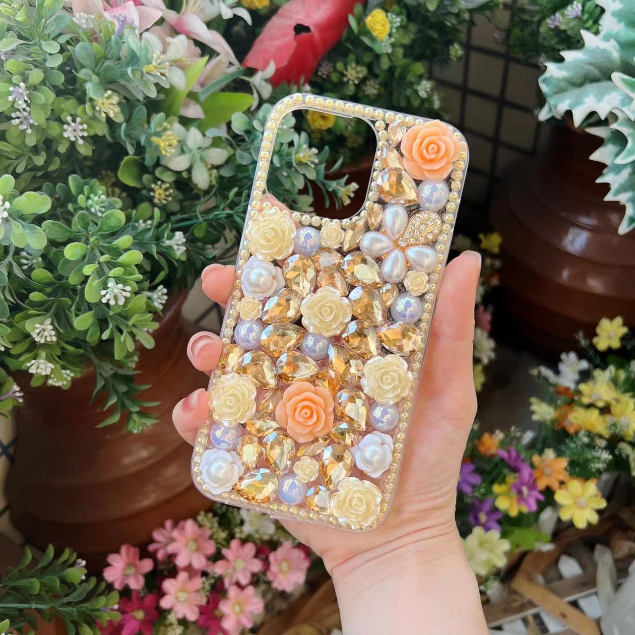 Gold Garden Pearl Rhinestone Phone Case- with chain