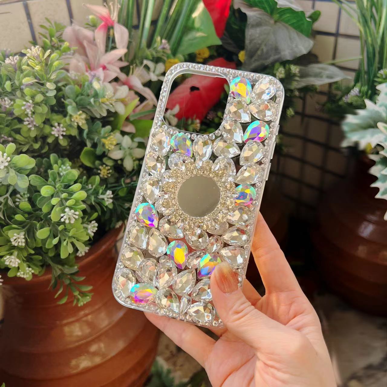 Shiny White Bling Rhinestione Mirror Holder Phone Case -with chain