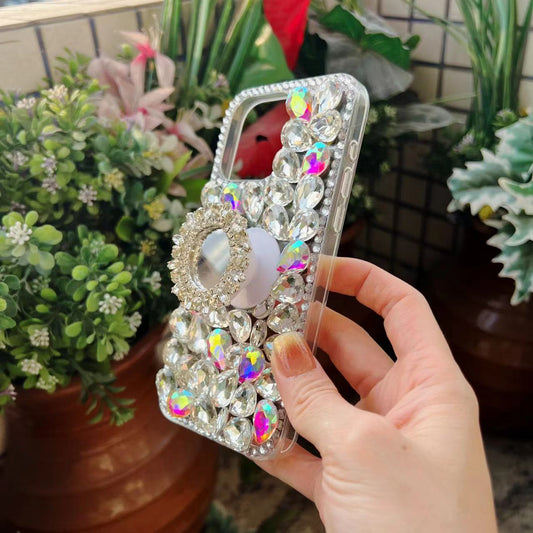 Shiny White Bling Rhinestione Mirror Holder Phone Case -with chain