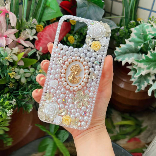 Classic Princess Flower Handmade Full Pearl Bling Phone case-with chain