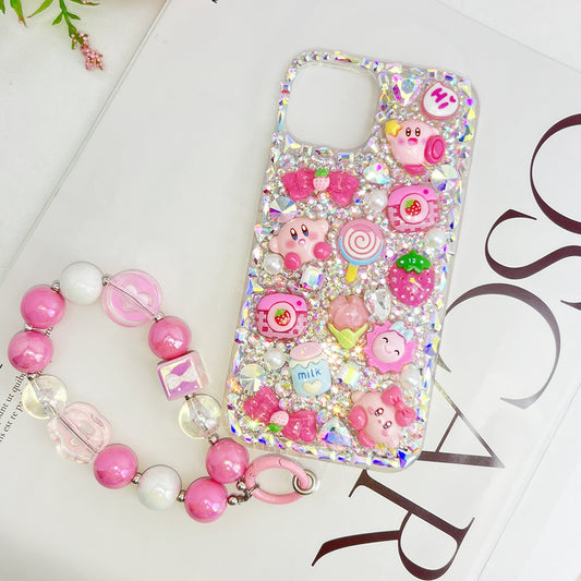 Cute Pink bling rhinestone phonecase For kirby with Chain