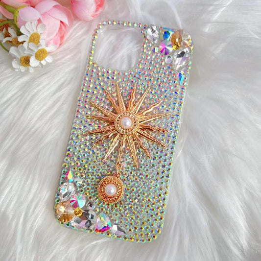 Shiny Sun Bling with Pearl Pendant Full Rhinestone Phone Case -with chain