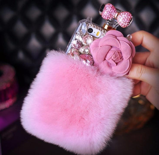 Rose Fluffy Rhinestone Phone Case- with Chain