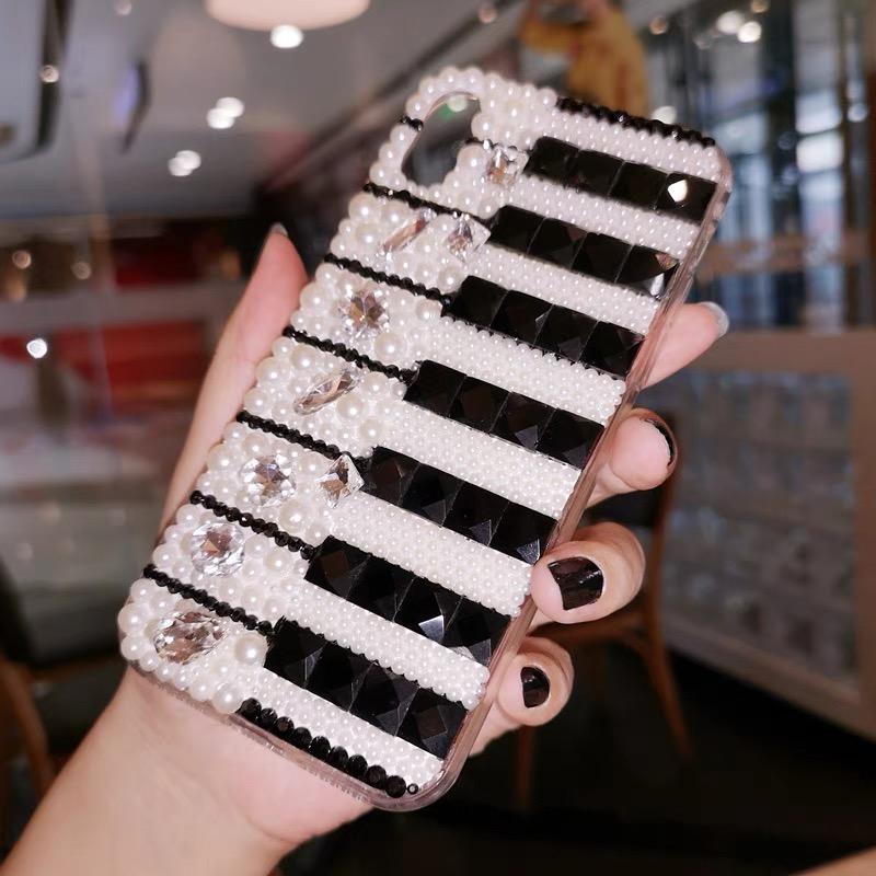 Piano Key With White Pearl bling Rhinestone Phone Case compatible with iphone 15 14 13 12 11 pro max 13 14 15 plus