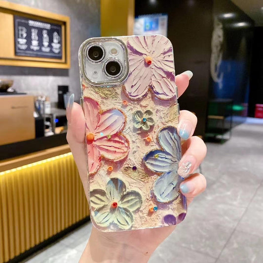 Full Glitter Lens Protection Flower Painting Style with Little Rhinestone Bling Shockproof Phone Case Cover anti scratch