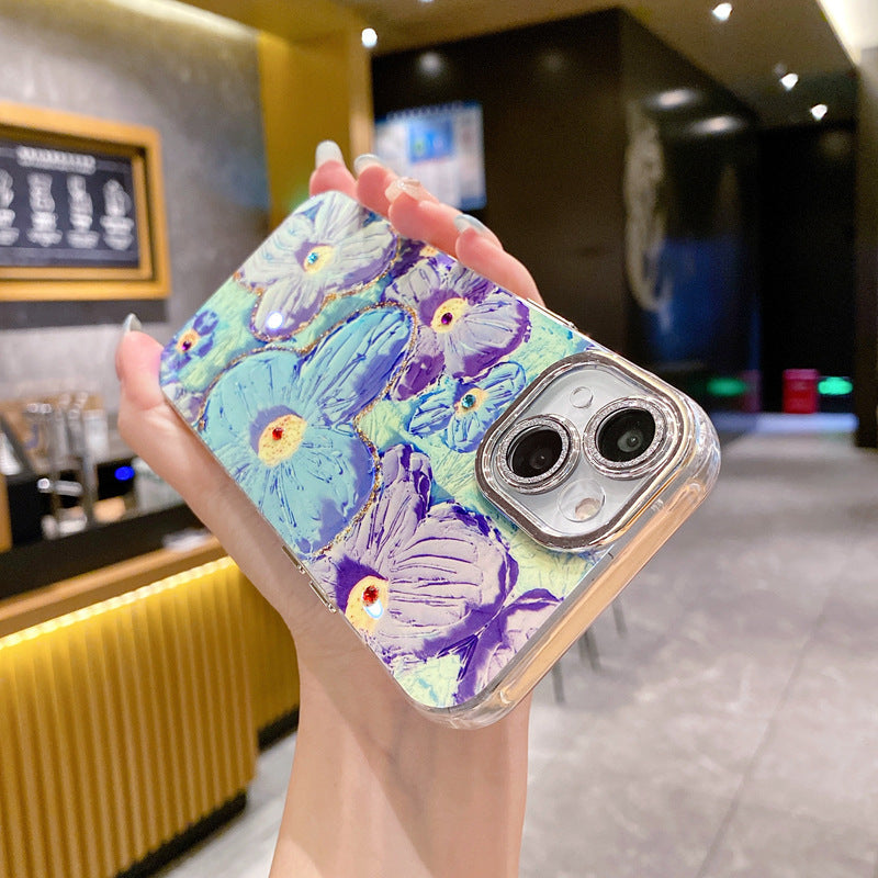 Full Glitter Lens Protection Flower Painting Style with Little Rhinestone Bling Shockproof Phone Case Cover anti scratch