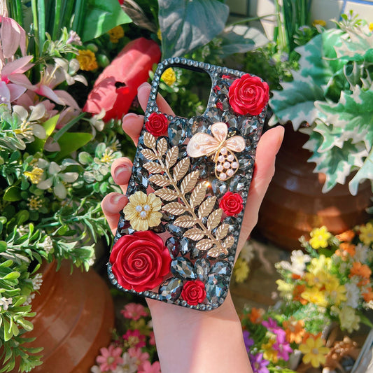 Vintage Red Blossom With Black Bling Shiny Rhinestone Phone case-with chain