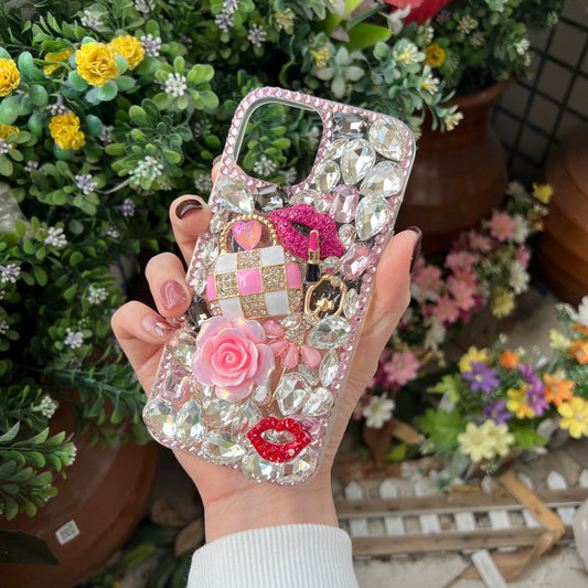 Pink Love Handbag Bling Rhinestone Phone Case -with chain