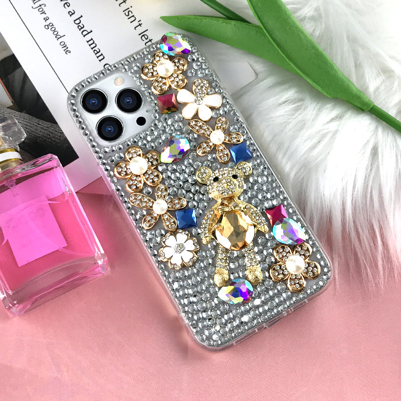 Flower & Bear Rhinestone Phone Case