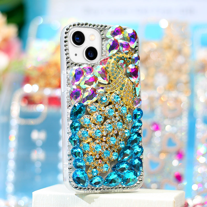 Peacock Rhinestone Phone Case ( Blue )