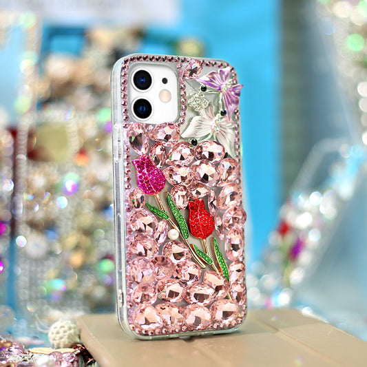 Double Rose Rhinestone Phone Case ( Pink )