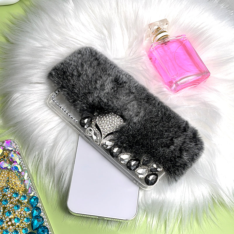 Fluffy Fox Rhinestone Phone Case (Black)