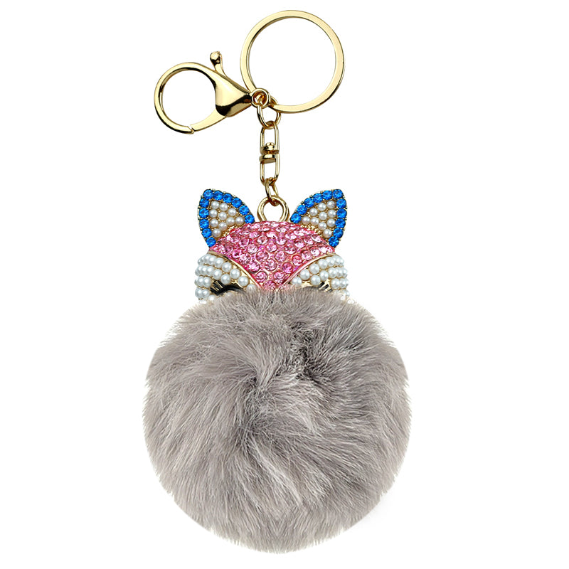 Cute Rhinestone Furry Fox Keychain