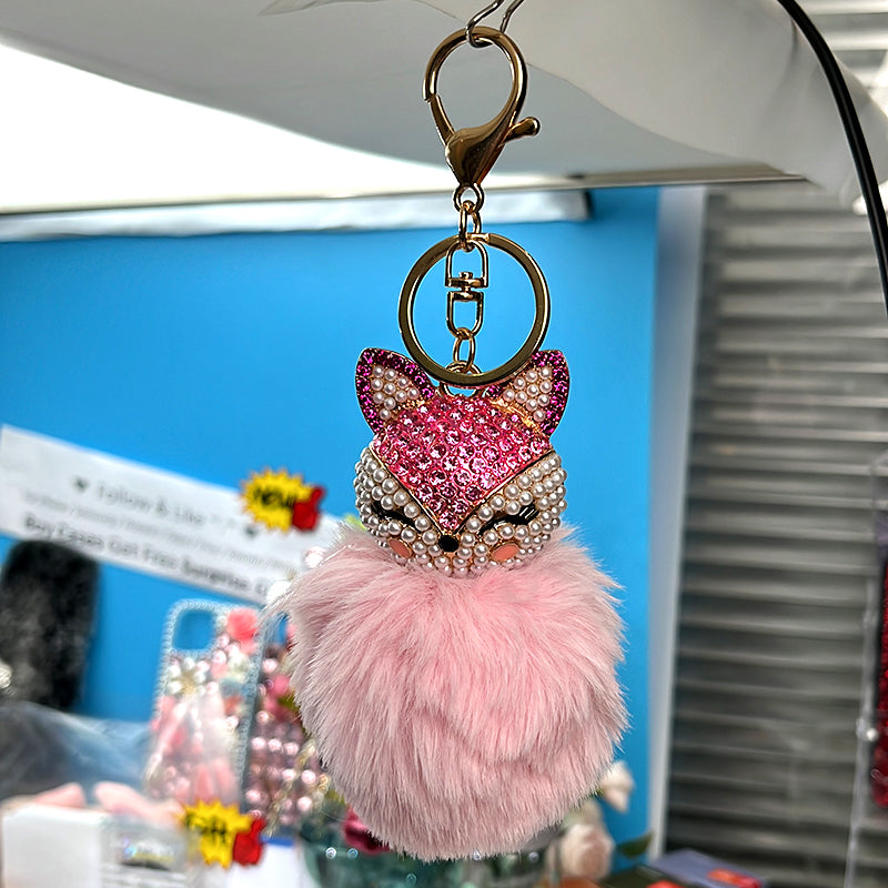 Cute Rhinestone Furry Fox Keychain