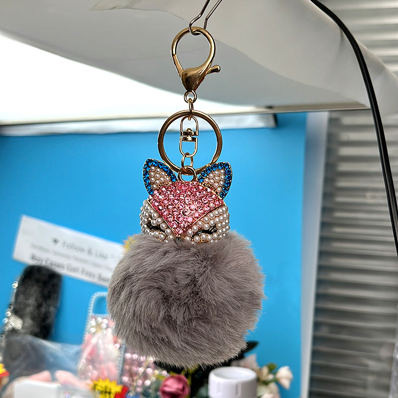 Cute Rhinestone Furry Fox Keychain