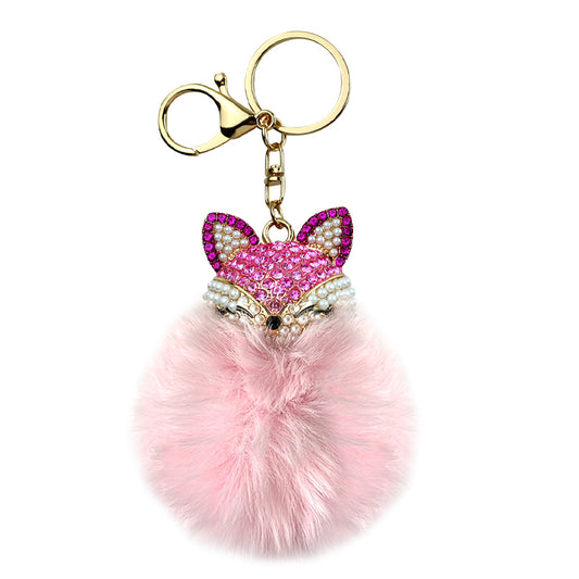 Cute Rhinestone Furry Fox Keychain